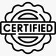 Black and white ’certified’ seal stamp with a scalloped circular border.